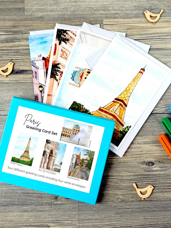 Wenskaarten cadeauset Parijs – 4 kaarten met enveloppen voor wholesale door Christina Jenne Art and Design
