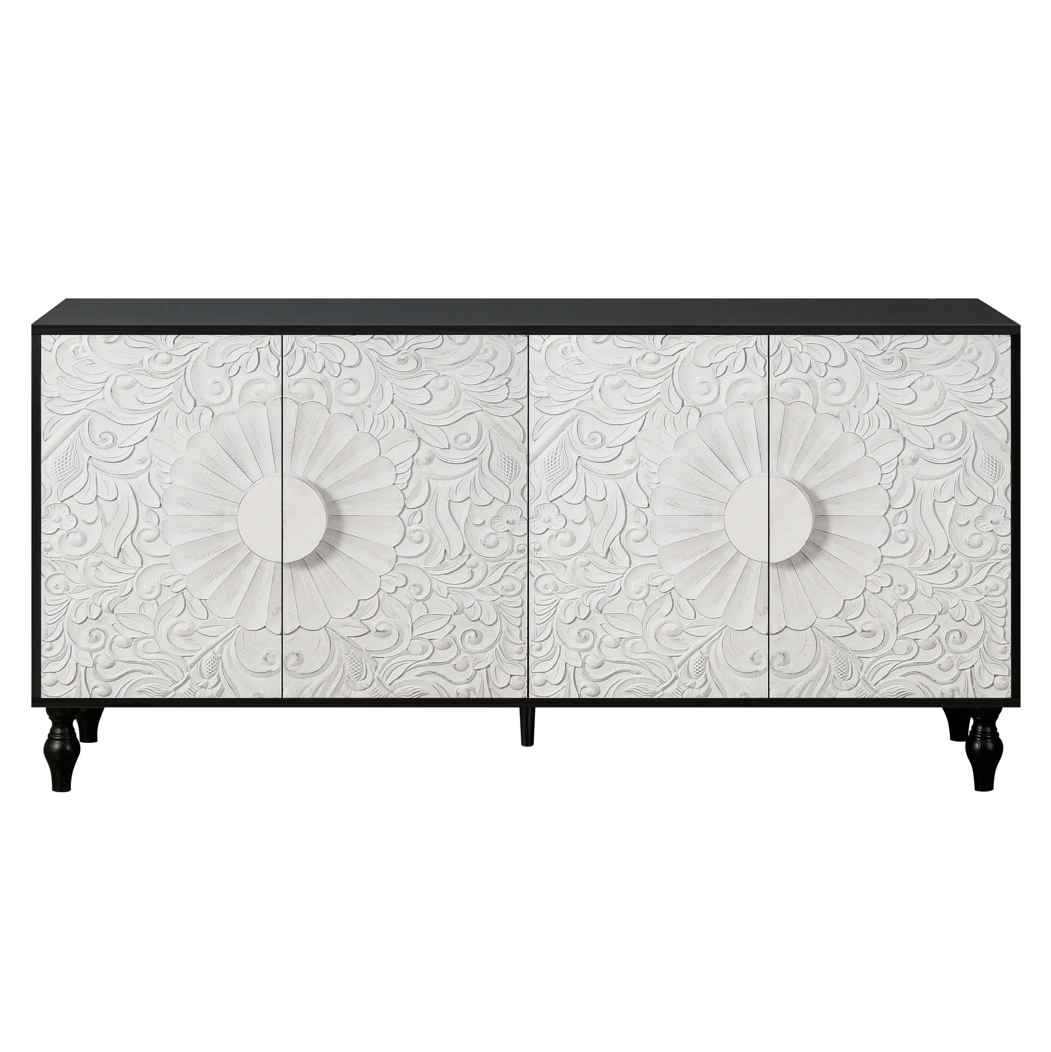 HomeRoots - Vendita all'ingrosso Credenza - Credenza intagliata floreale 173 cm bianca e nera dal design vissuto1