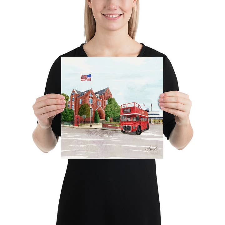 Carper Creative Co. – wholesale Art print – City Hall Double Decker Bus Oxford MS Watercolor Art Print3