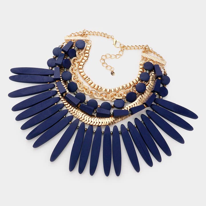 Sensibling Corp. - Wholesale Bib necklace - Wooden Spike Accented Metal Chain Layered Bib Necklace1