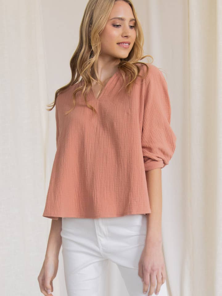 Gauze 3/4 Sleeve V Neck Top for wholesale by Before You Collection