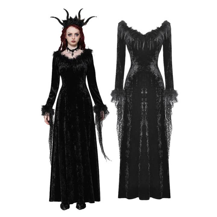 DW1019 - Black velvet long dress with feather trim for wholesale by Western Fashion