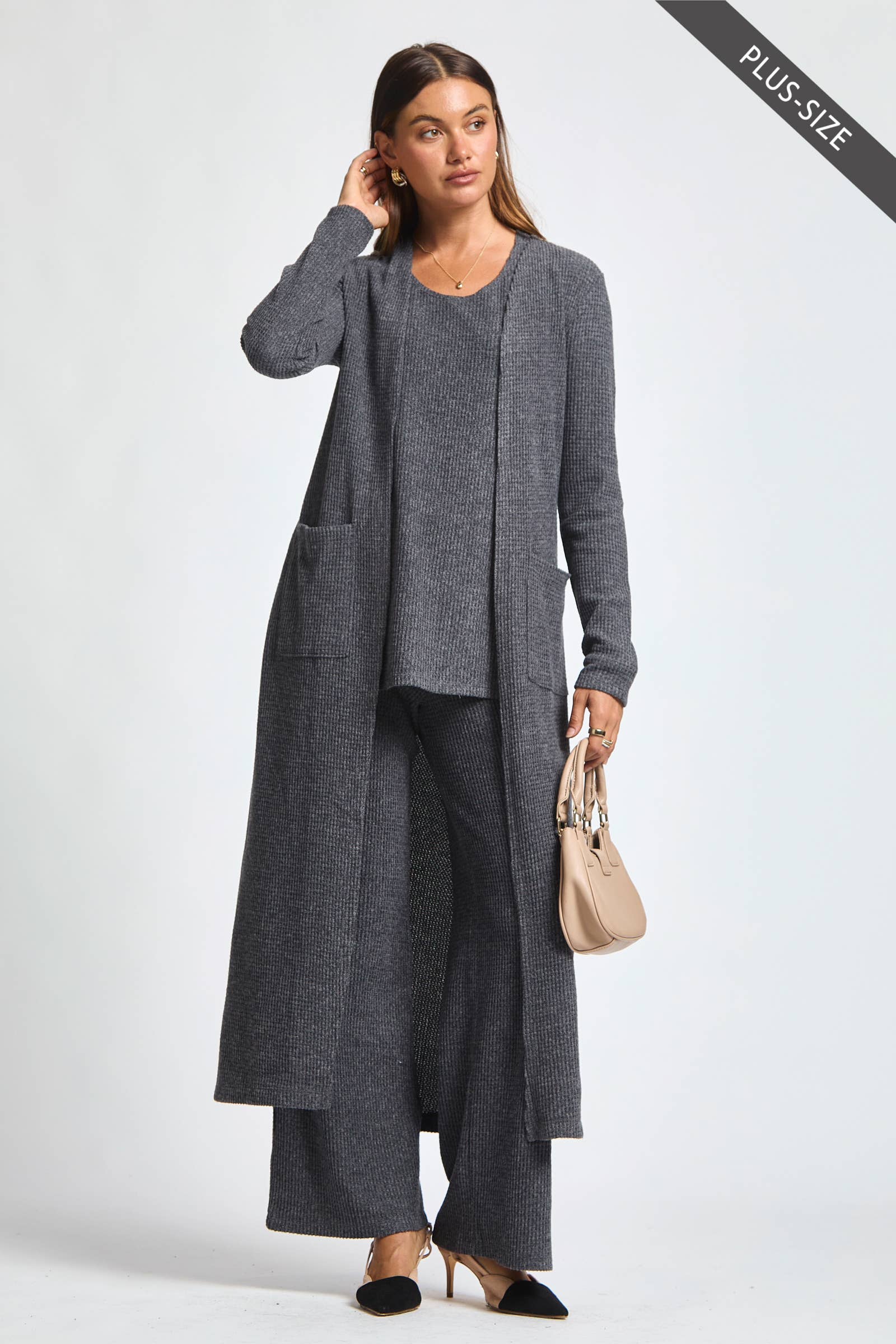 Dear Scarlett - Wholesale Lounge Set - Women's - PLUS SIZE Thermal Sleeveless Tank + Cardigan + Relaxed Pants12