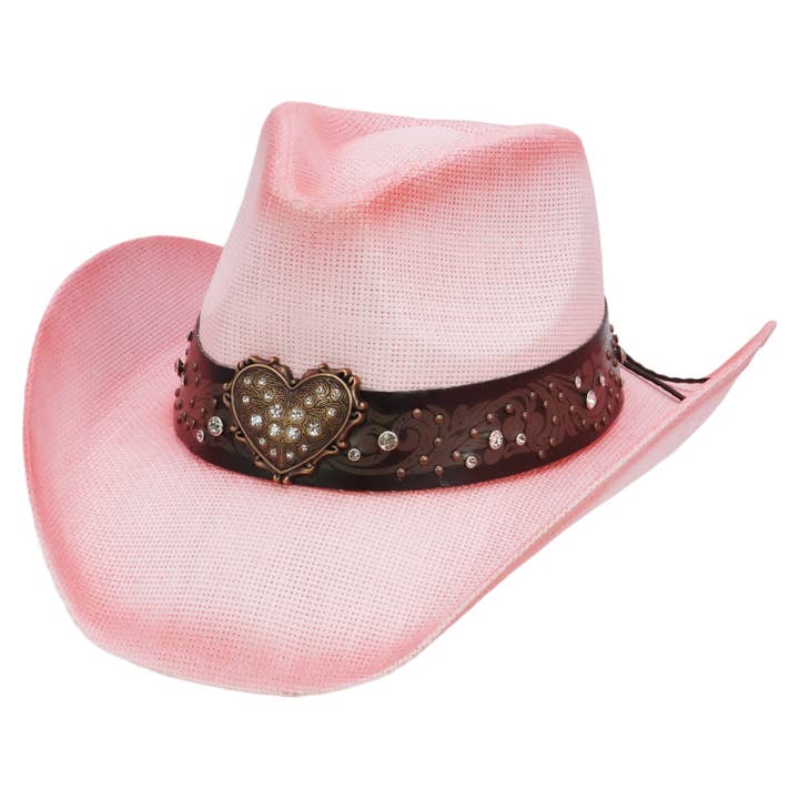 Cap Zone - Wholesale Cowboy Hat - Unisex - Heart Bling Rhinestone Belt Ombre Straw Cowboy Hat11