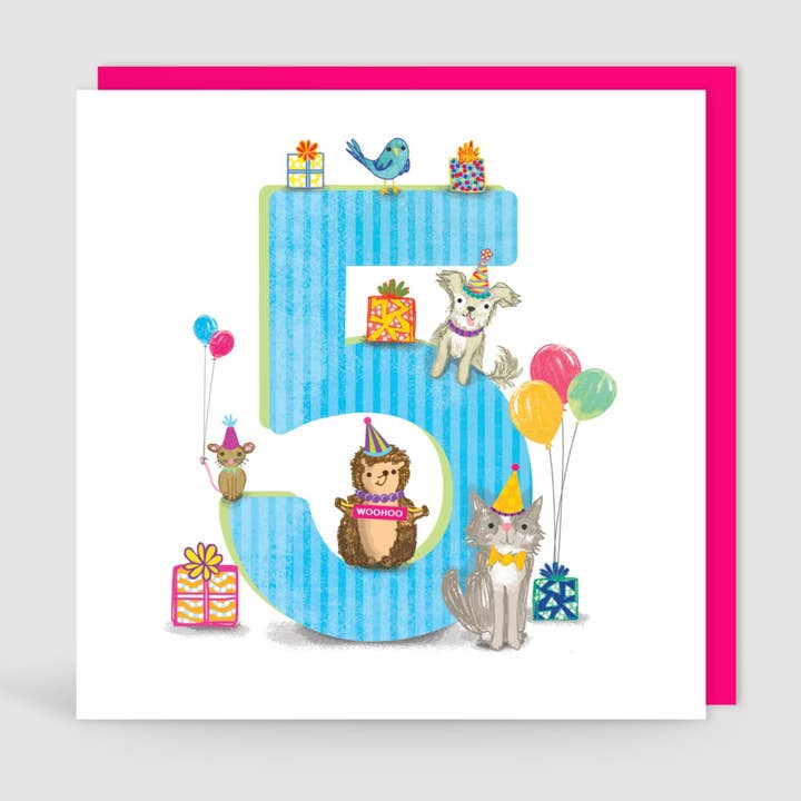 Age 5 Birthday Bunch Animal Card for wholesale by Jane Katherine Houghton Designs