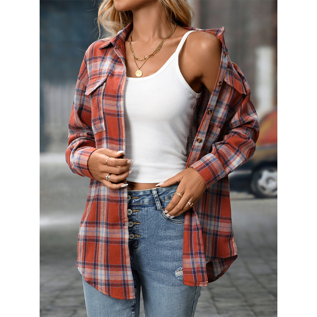 UNISHE - Wholesale Shirt - Women's - Casual Loose Fit Plaid Pockets Button-Down Shirt MD21310