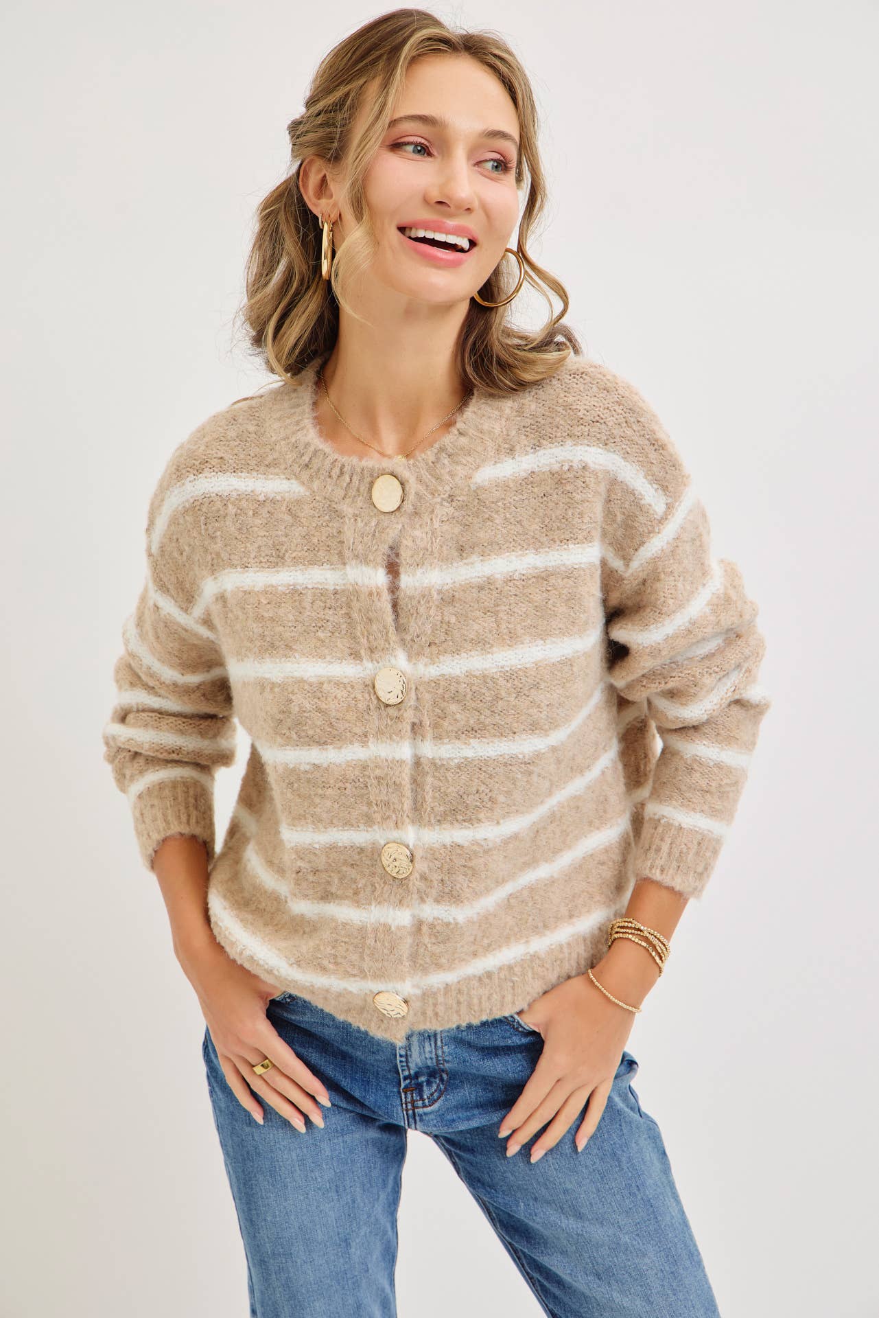 TAUPE COZY STRIPED BUTTON UP KNIT CARDIGAN for wholesale on Faire10