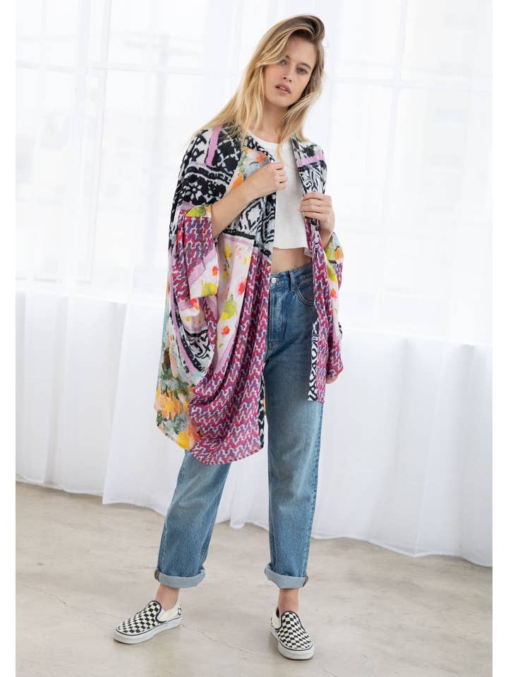 Black Fuchsia Combo Bohemian Floral Abstract Print Cocoon Kimono for wholesale on Faire