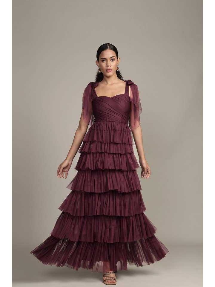Ophelia Tulle Maxi Dress with Tie Detail in Plum for wholesale on Faire3