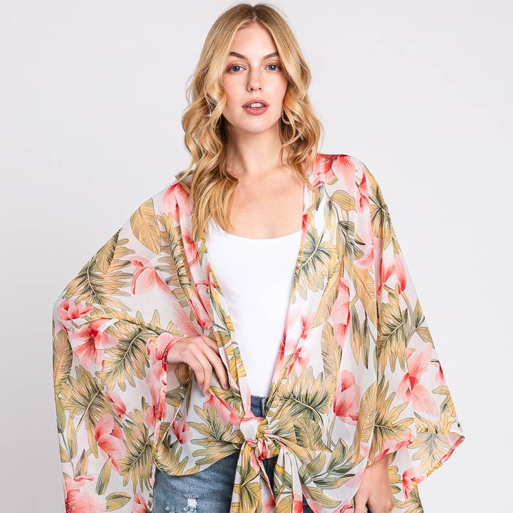 Tropical Flower Leaves Print Kimono for wholesale by Collections by Fame Accessories
