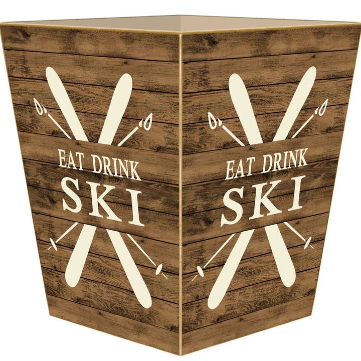 WB8707-Eat Drink Ski Wastepaper Basket for wholesale by Marye-Kelley