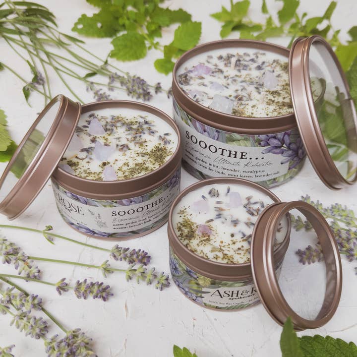 Ash & Rose – wholesale Reseljus – Sooothe lavendel mynta botaniska tenn ljus ört soja vax gåva
