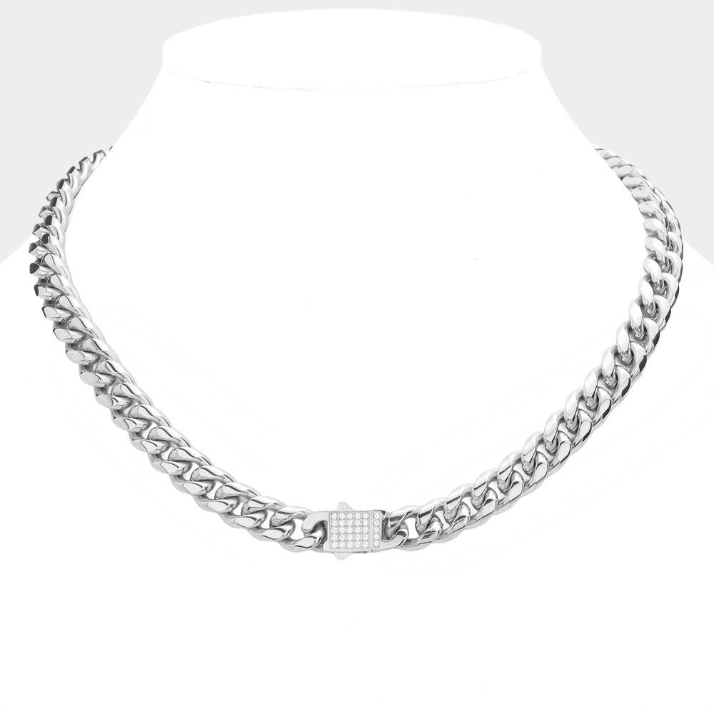 Sensibling Corp. - Wholesale Link & Chain Necklace - Stainless Steel CZ Embellished Metal Chain Link Necklace2