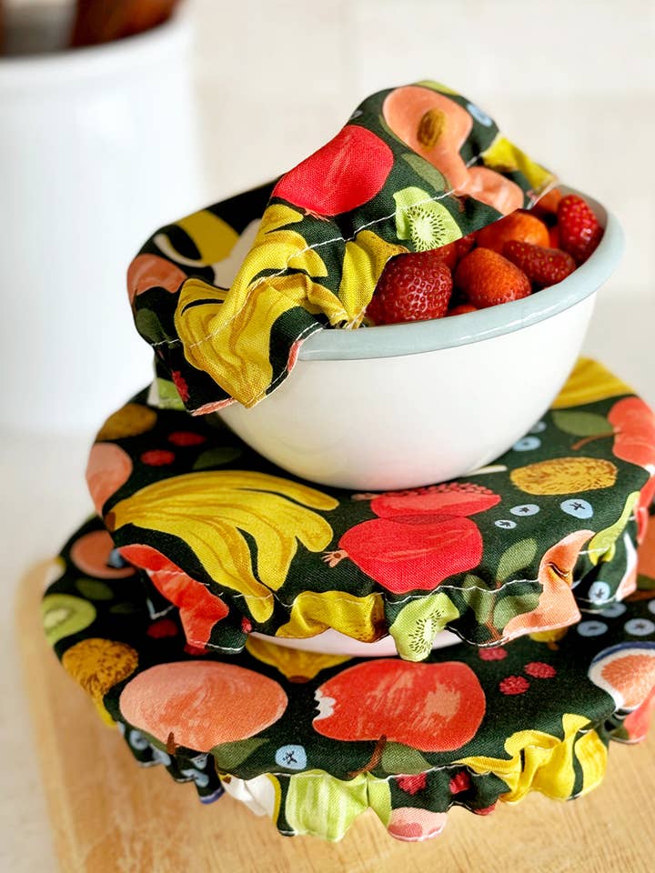 Mixed Fruit in Hunter Green Fabric Bowl Cover Set for wholesale by Peace Out Plastic