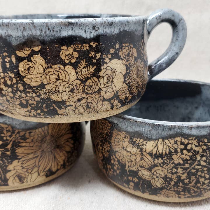 Turtle Hollow Pottery - Wholesale Bowl - Flower Garden soup bowl in snow storm glaze