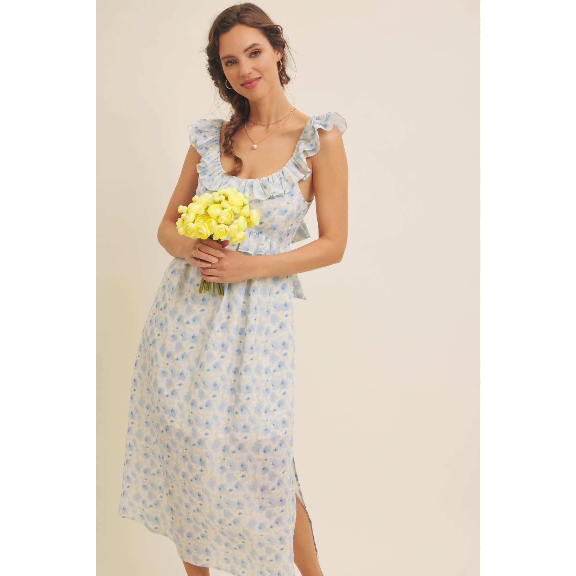 in february – Großhandel Kleid – Damen – ROMANTISCHES FLORALES MIDI-KLEID MIT SCHLITZ, RÜSCHEN UND RÜCKENBINDUNG23