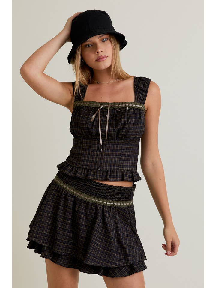 OLIVE NAVY PLAID SLEEVELESS TOP WITH TRIM DETAIL WITH MID RISE SKIRT for wholesale on Faire1
