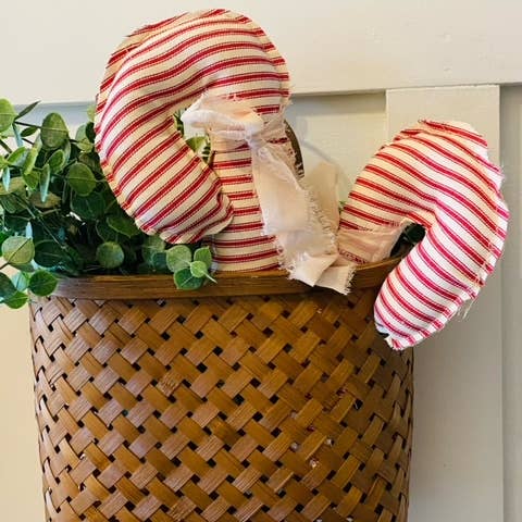 A Gnome on the Roam - Wholesale Christmas Decoration - Fabric Candy Canes in red and white ticking and ribbon2