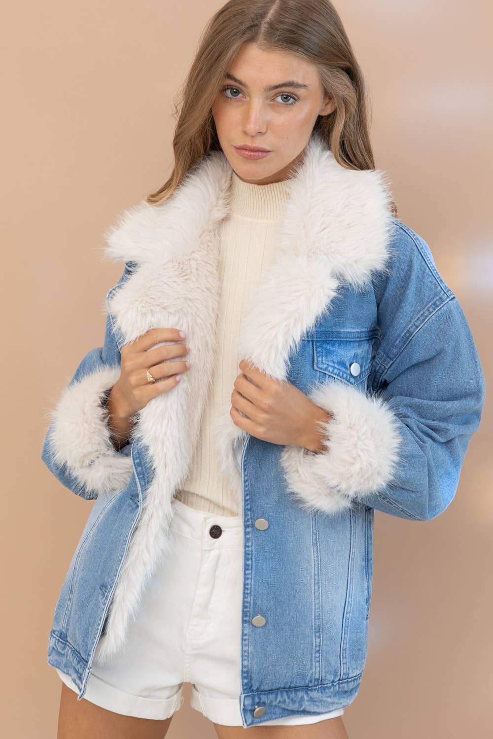 17576J - Fur Collard Cuff Over sized Washed Denim Jacket for wholesale on Faire3
