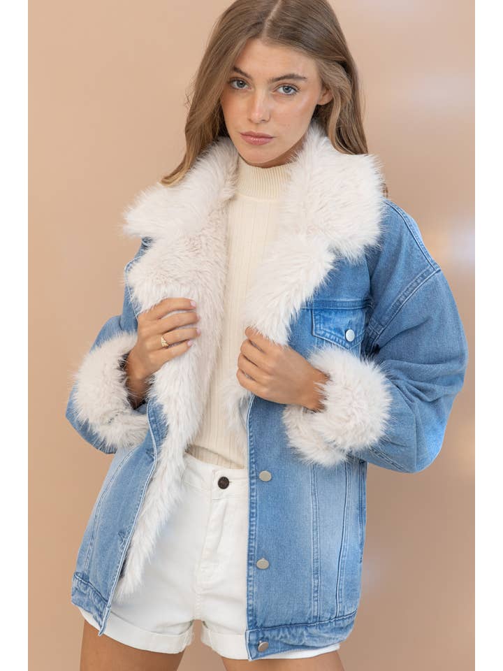 17576J - Fur Collard Cuff Over sized Washed Denim Jacket for wholesale on Faire3
