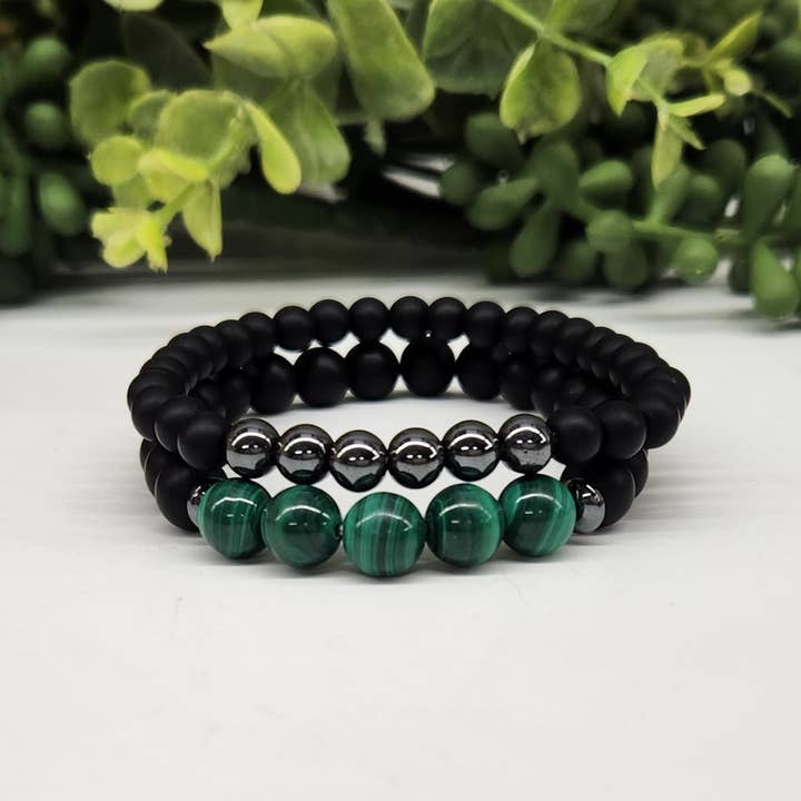 Meraki Gemstones - Venta al por mayor Pulsera de cuentas - Malaquita/hematita/obsidiana negra mate (juego de dos pulseras)