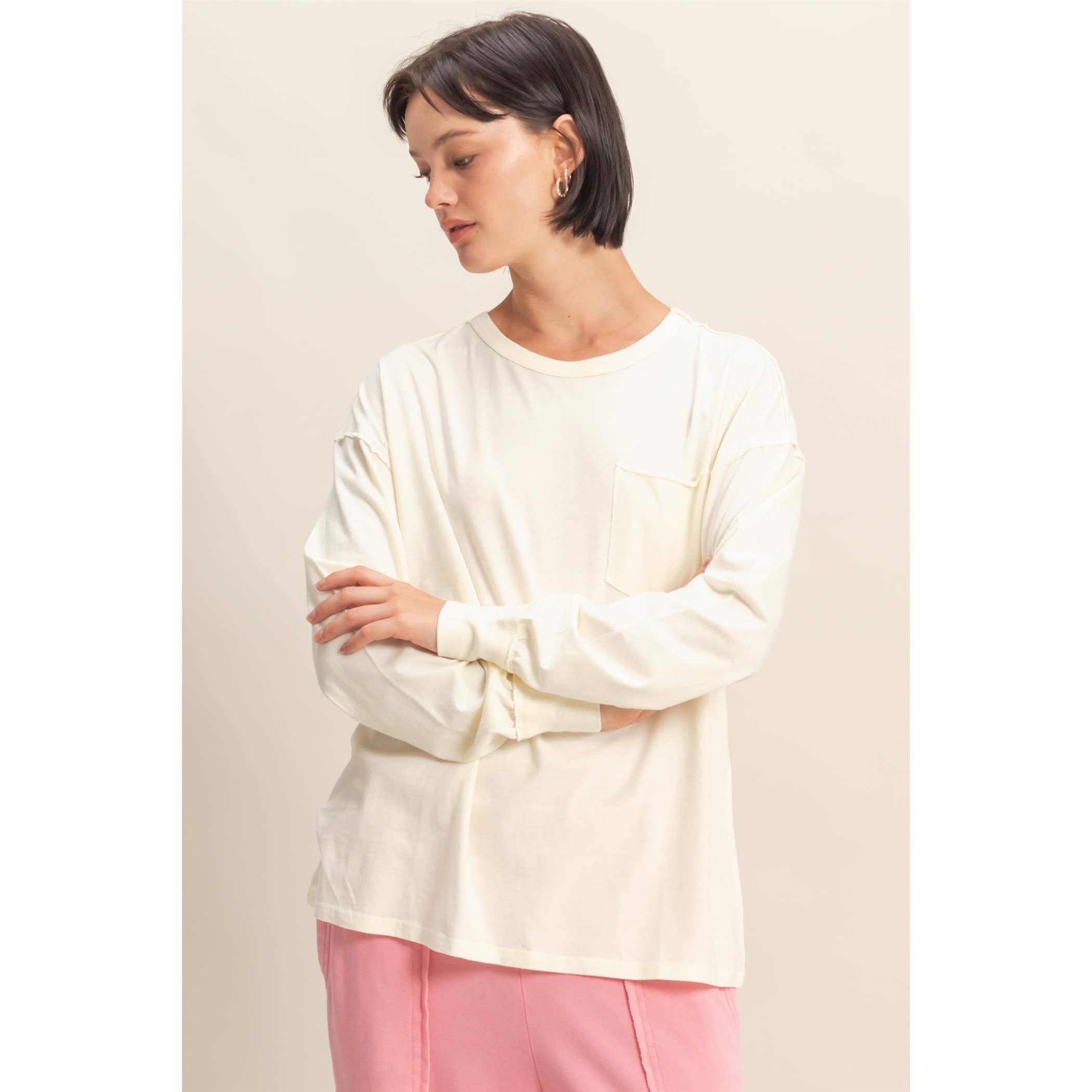 HYFVE - Vente Chemise – femme - T-shirt surdimensionné à manches longues et poches délavées16