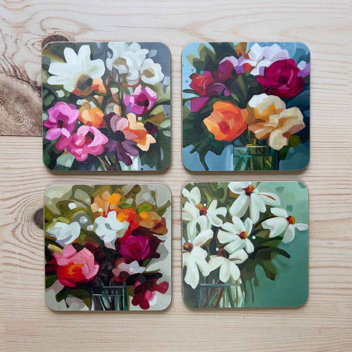 Ensemble de 4 sous-verres | Fleurs contemporaines | Frais pour la vente par Susannah Bleasby Art