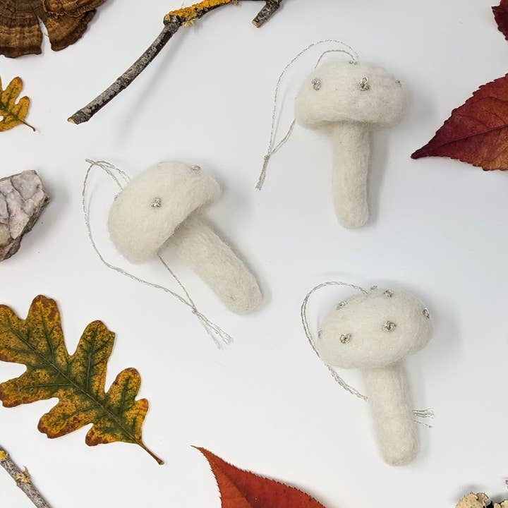 Hanging Felted Mushroom - Embroidered White for wholesale by Odd Fox & Fern