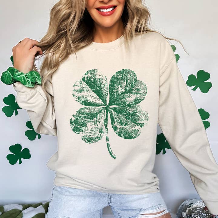 St Patrick’s Distressed Four Leaf Clover Graphic Sweatshirt for wholesale by Trendznmore - Modern Graphic Apparel