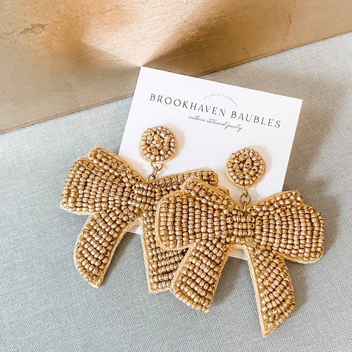 Brookhaven Baubles - Wholesale Dangle Earrings - Gold Bow Beaded Statement Christmas Earrings
