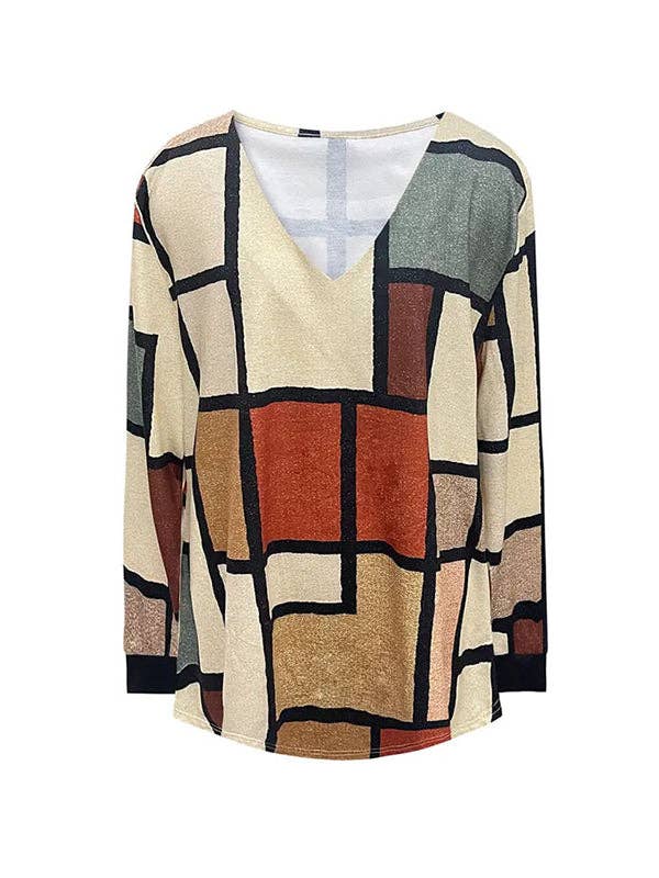 LLENO Camisetas holgadas con cuello en V y estampado de mangas largas de venta al por mayor en Faire1