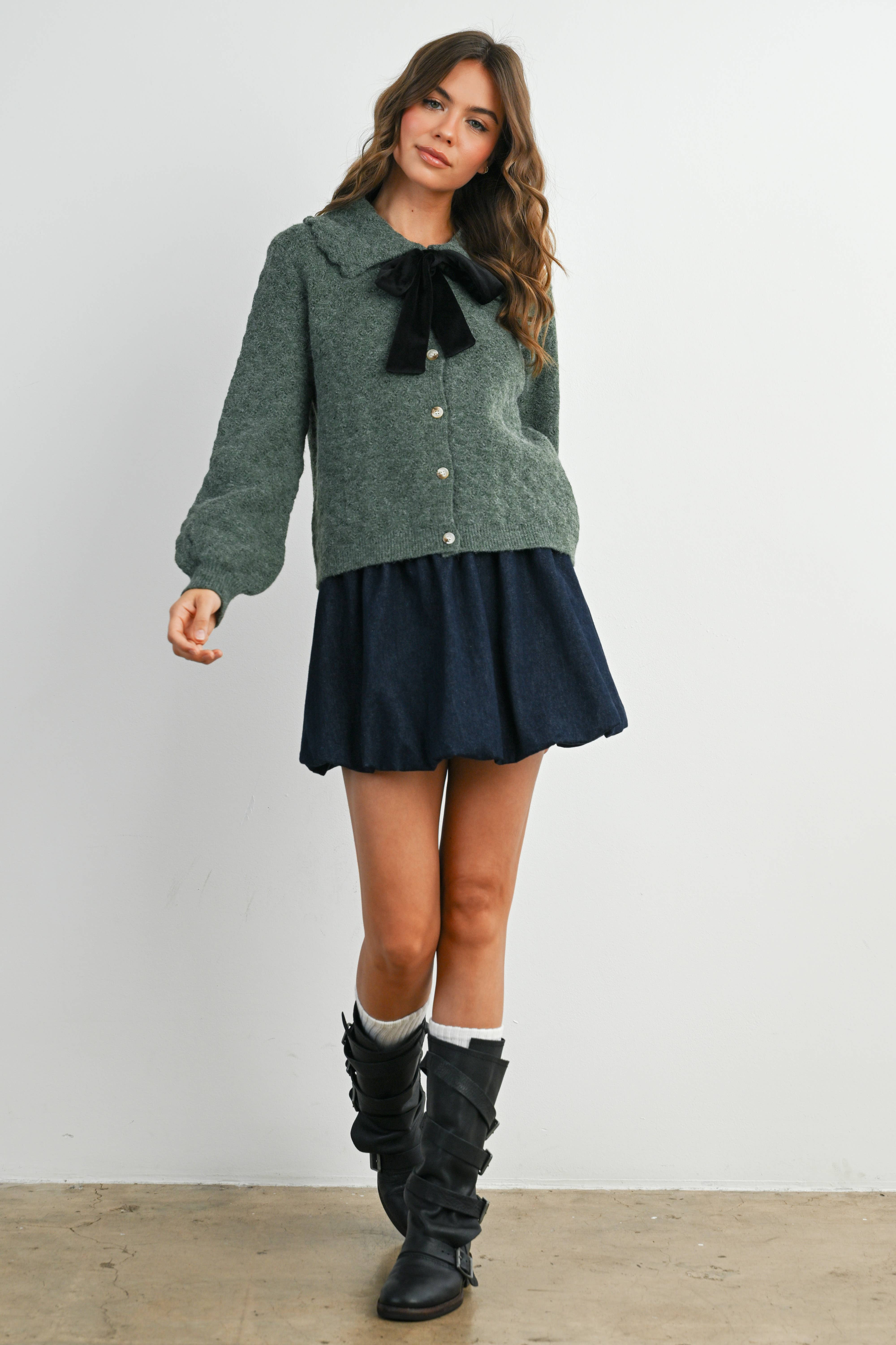 BUTTERMELON - Wholesale Cardigan - Women's - Button-Up Bow Front Collared Long Sleeve Top - BMC777613