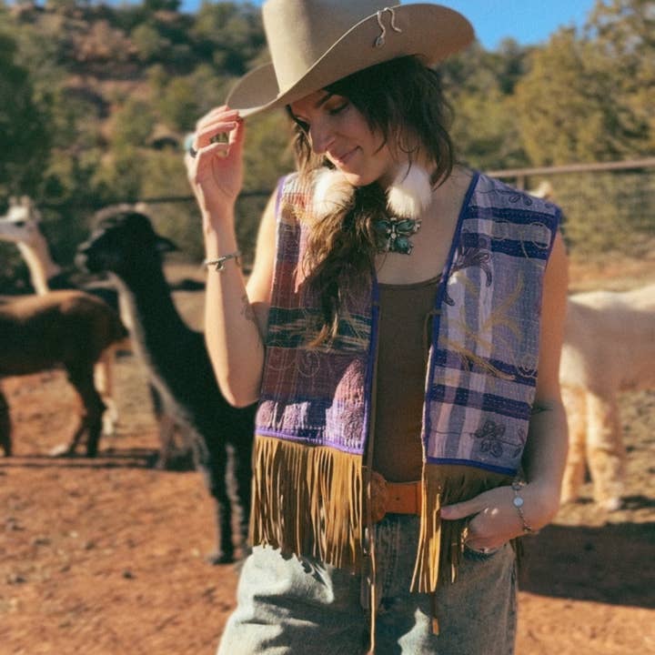 Wylder Trading Company - Wholesale Outerwear Vest - Women's - Boho Western Artisan Fringe Vests | Kantha Suzani Textile8