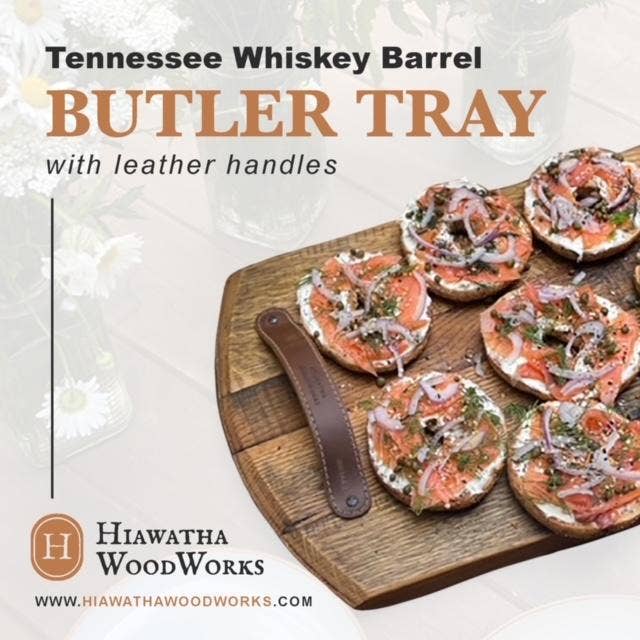Whiskey Barrel Serving Tray for wholesale by Hiawatha WoodWorks