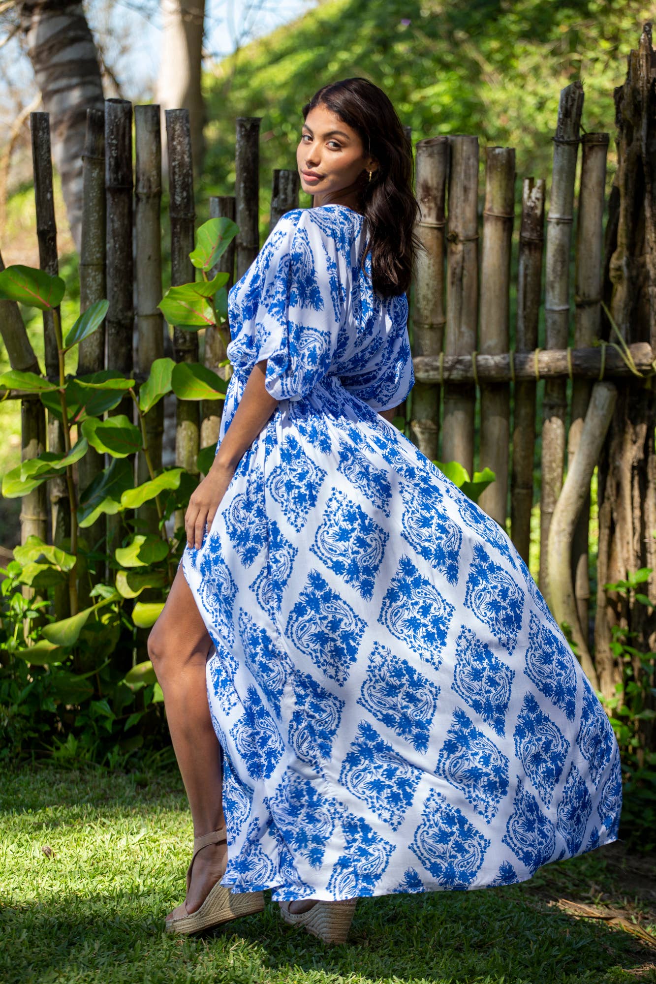 Bali Prema - Wholesale Dress - Women's - Summer Double Slit Sexy Amy Kimono Maxi Dress in Premium St Johns Blue Diamond18