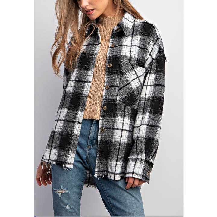 FSG-TP9006 SUPER SOFT PLAID ROUGH EDGE FINISHED SHACKET for wholesale by Coloring You