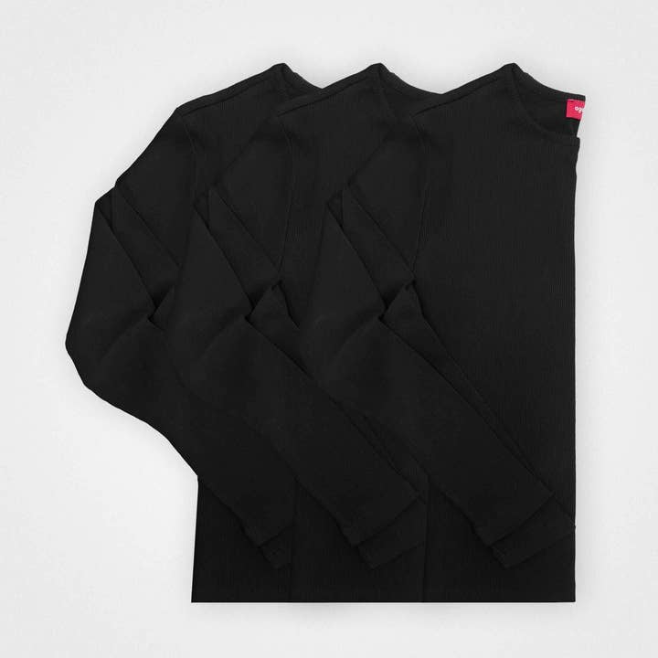 Pack de 3 | Camisetas acanaladas de manga larga para mujer, algodón reciclado, negras para venta al por mayor de agood company