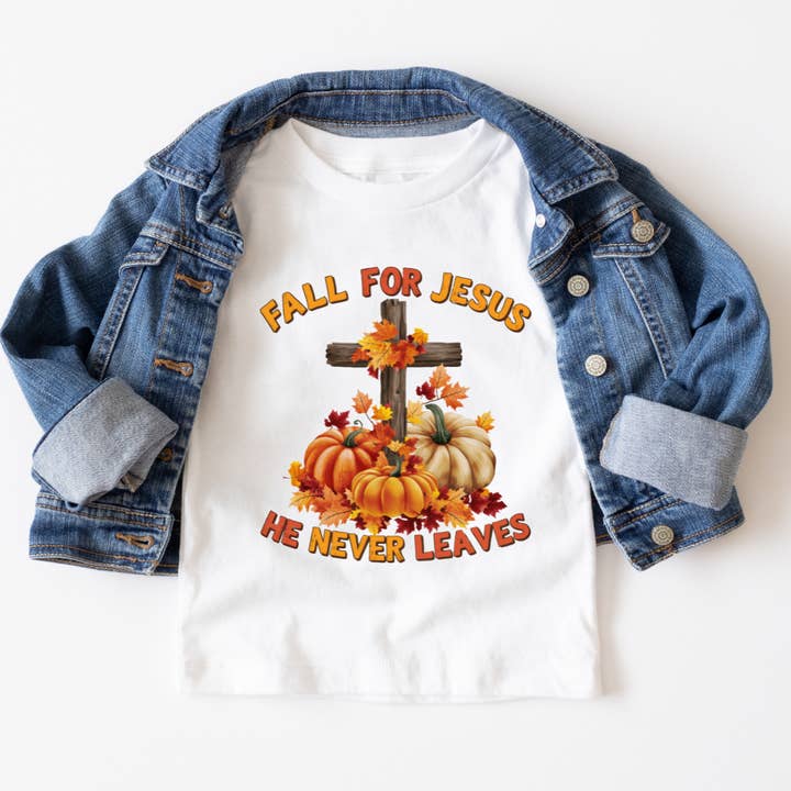 Efterår for Jesus Han Forlader Aldrig Efterår Ungdoms Grafisk T-shirt for engroshandel hos Mama and Littles Apparel