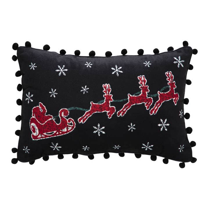 VHC Brands - Wholesale Throw/Decorative Pillow - Annie Black Check Santa Sleigh Pillow 9.5x14