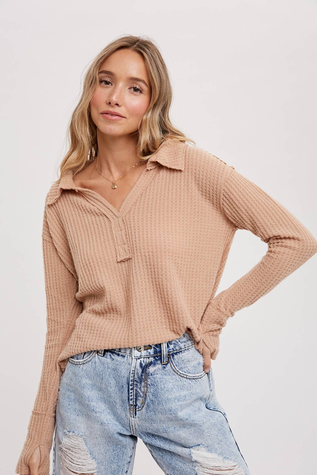 Bluivy - Wholesale Knit Top - Women's - BRUSHED WAFFLE HENLEY TOP20