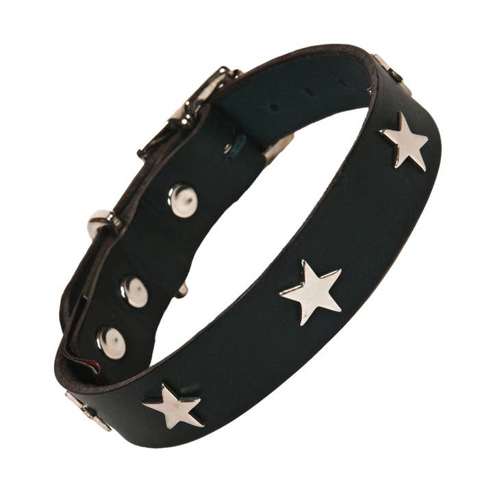 Sølvstjerner sort læder hundehalsbånd for engroshandel hos Creature Clothes