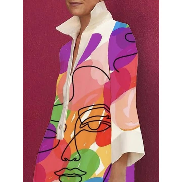 BUNT Locker sitzendes Minikleid mit 3/4-Ärmeln, Knöpfen, Kontrastfarben und Figurmotiv mit Reverskragen für den Großhandel auf Faire1