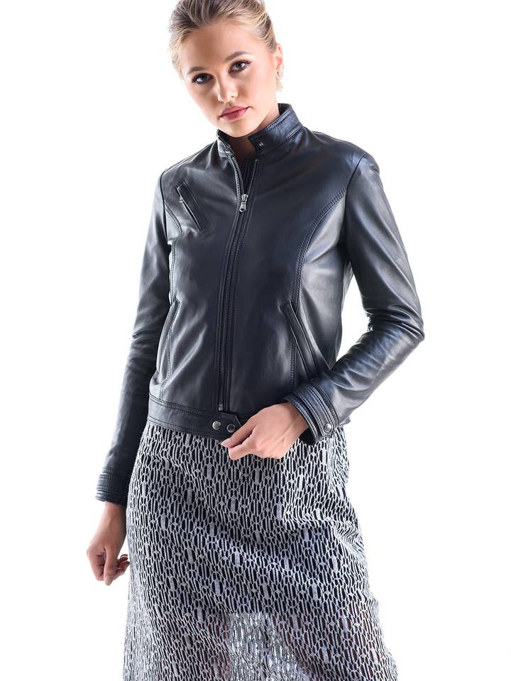 Black Sporty Cut Genuine Leather Jacket for wholesale by Buy Me Fur