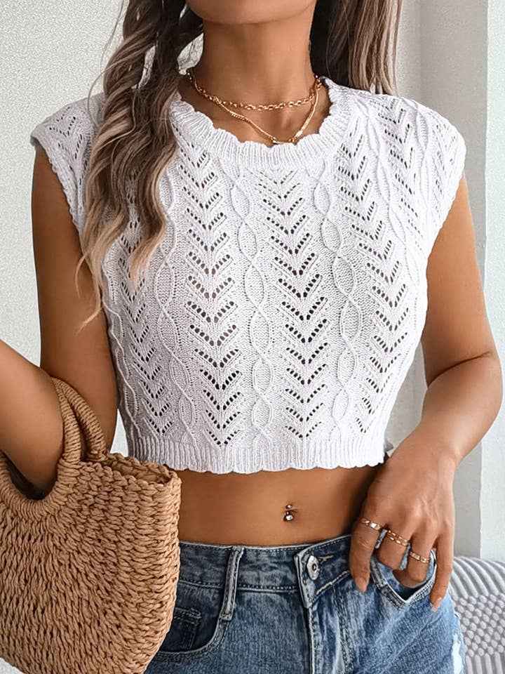 Casual Lace Crewneck Cut-Out Crop Knitted Vest Top for wholesale by Rosa Clothing