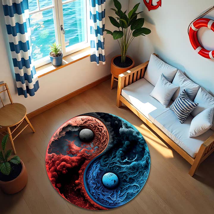 Tapete Redondo Yin Yang: Carpete Boho Espiritual Vermelho e Azul por atacado de Rugendary Trade LLC
