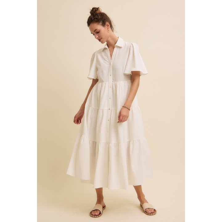 in february - Wholesale Dress - Women's - FLUTTER SLEEVED BUTTON-DOWN SHIRT MIDI DRESS