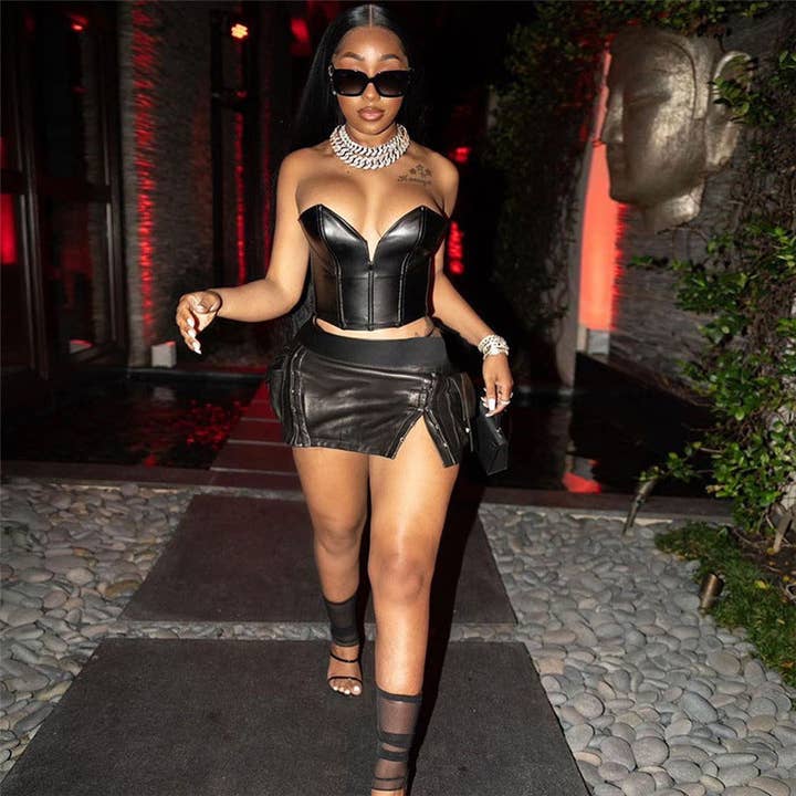 Fall Women Clothing Sexy Cropped Tube Top Faux Leather Slim Fit Patchwork Top Skirt Sets and other Purchase Wholesale grungeclothing. Free Returns & Net 60 Terms on Faire trending on Faire.