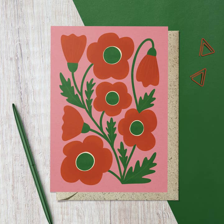 Corn Poppy | Modern-Retro Floral Reusable Greeting Card for wholesale by Bird & Co Studio