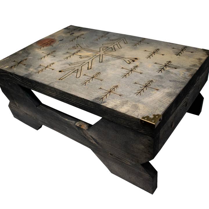 Wooden Altar Table with Repeating Home Protection Bindrunes for wholesale by Oreamnos Oddities