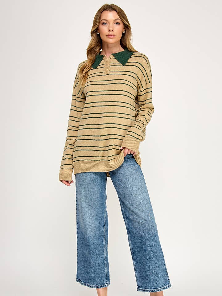 Gestreifter Strickpullover mit Polokragen _ H GRÜN für den Großhandel von AIBLEE